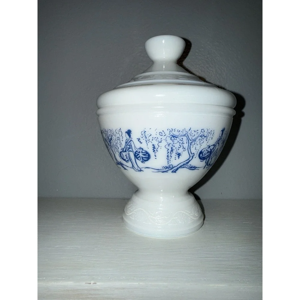 Vintage Milk Glass Lidded Footed Candy Dish Blue Asian Scene Made in Belgium